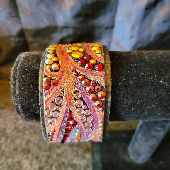 Caroline Rocha Handmade Black & Fuchsia Leather Bracelet w/ Swarovski Crystals - Picture 1 of 7